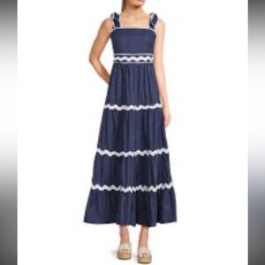 TCEC Navy Cotton Contrasting White Ric Rac Trim Tie Sleeves Maxi Dress NWOT M